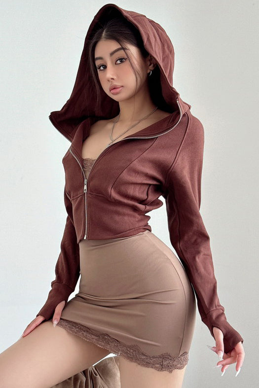 Casual Women Long Sleeve Zip Cardigan Crop Hooded Coat