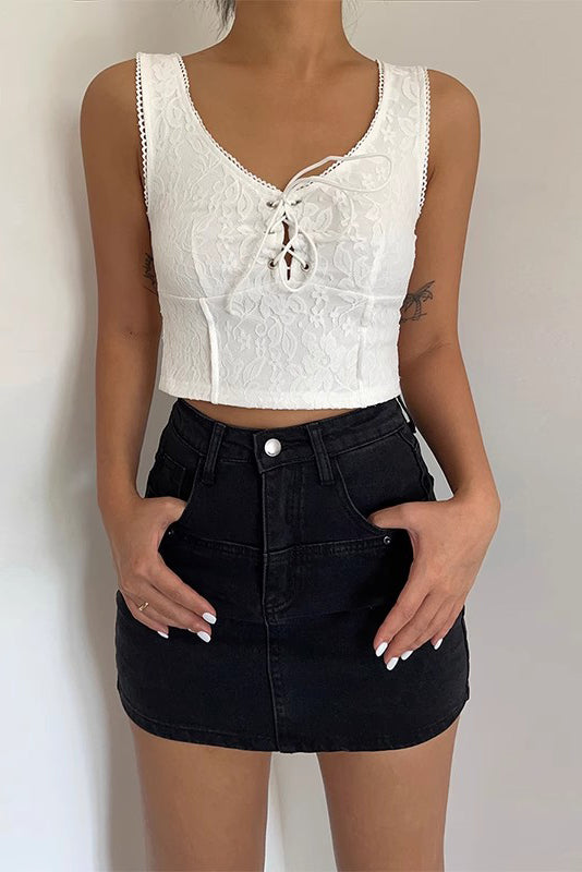 Women's Sleeveless Embroidery Lace Up Front Crop Tank Top