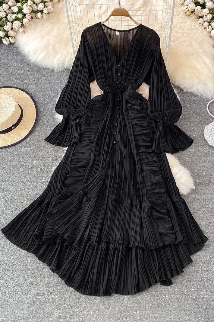 Fashion Women Lace Pleated Long Sleeve High Waist Maxi Dress