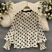 Fashion Women Lace Long Sleeve Polka Dots Print Tops