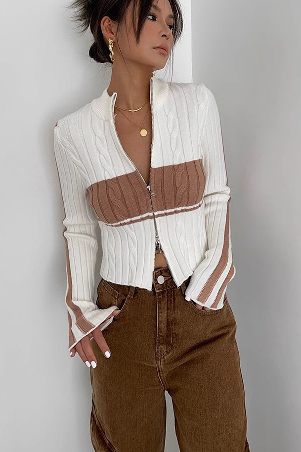 Women's Zip Detail Contrast Cable Knit Cardigan Sweater Outwear