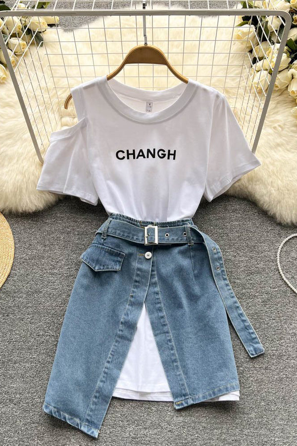 Sexy Women Off Shoulder Letter Short Sleeve Top Irregular Denim Skirt Set Two-Piece