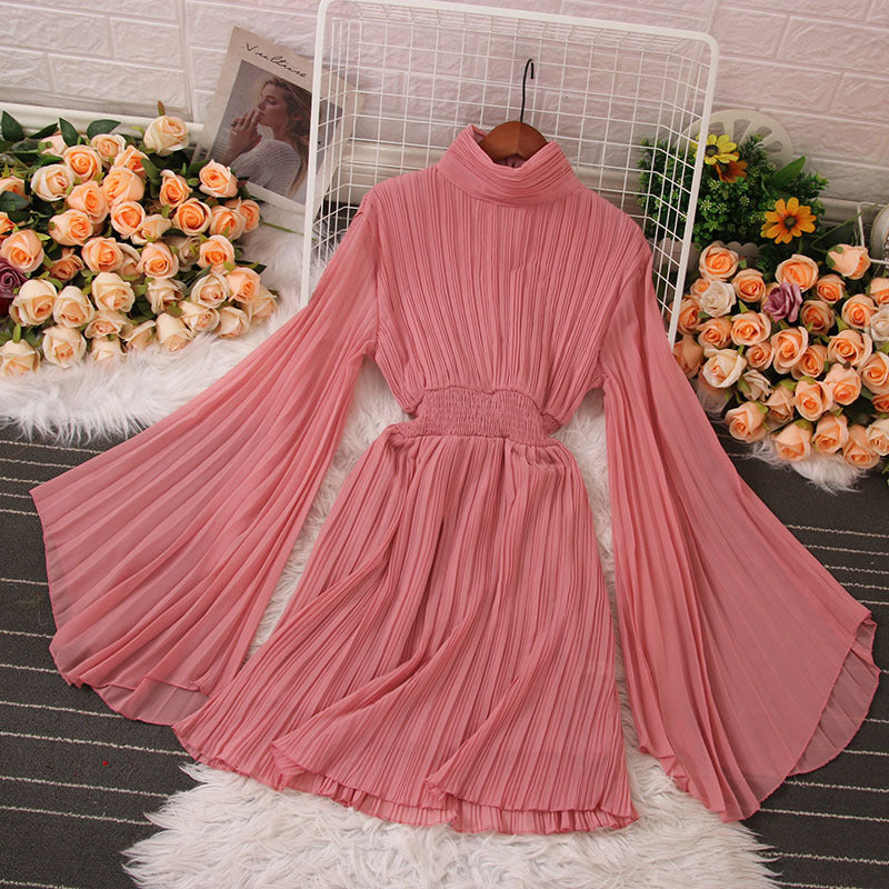 Fashion Women High Neck Long Sleeve Pleated Mini Dress