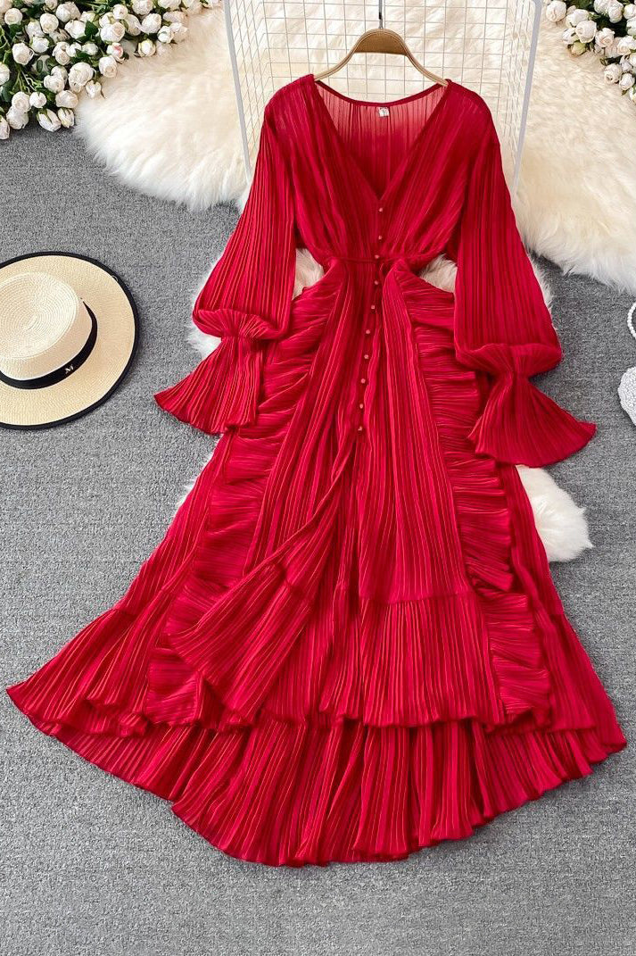 Fashion Women Lace Pleated Long Sleeve High Waist Maxi Dress