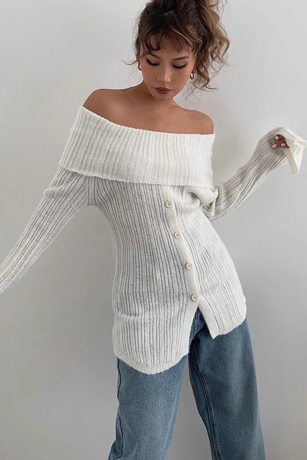 Off Shoulder Ruched Top Buttoned Front Sweater