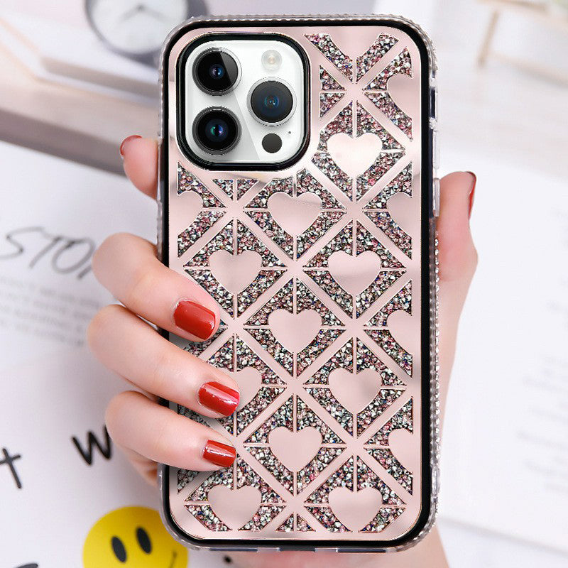 Compatible With Iphone Case Cute Heart Case Glitter Sparkle Love Shaped Cover For Women Girls Girly Luxury Stylish Heart-Shaped Rhinestone Shockproof Phone Cover