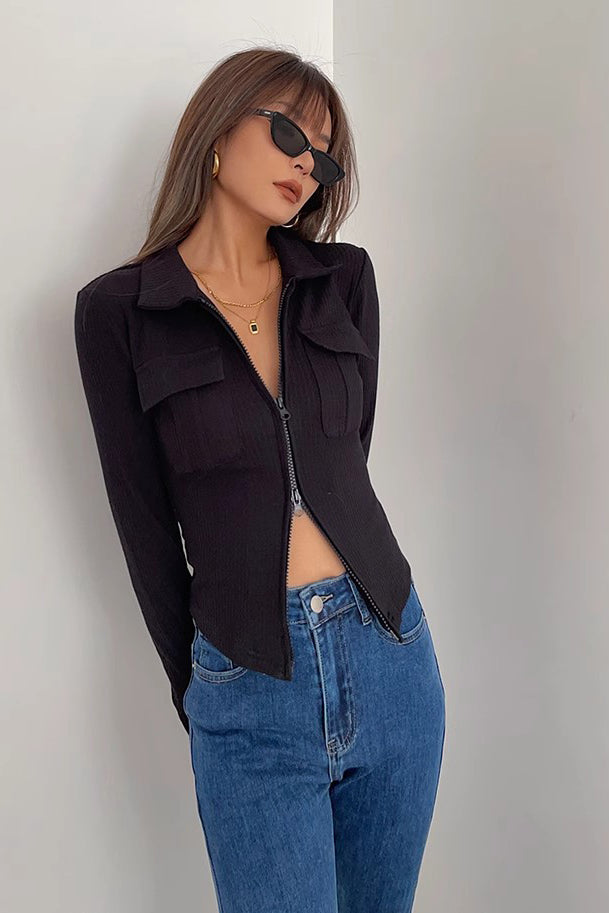 Zip Detail Pocket Front Ribbed Tops T-Shirt – TOP SHOW