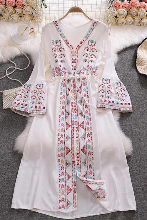 Boho Women Embroidery Long Sleeve V-Neck Strappy Maxi Dress