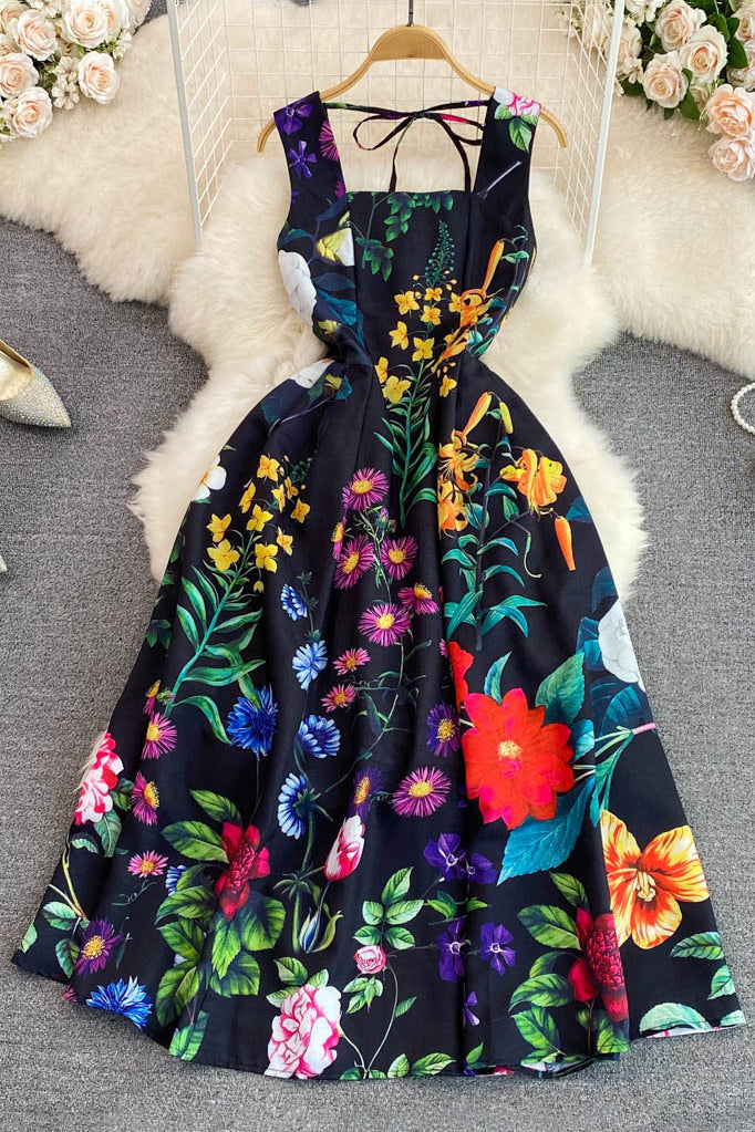 Women Fashion Floral Backless Sleeveless Maxi Dress