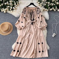 Retro Women Embroidery Strappy Long Sleeve Maxi Dress