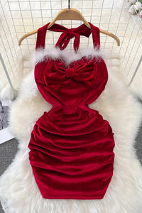 Sexy Women Christmas Bow Strappy Mini Dress