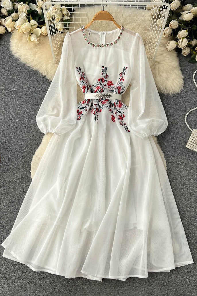 Fashion Women Embroidery Gauze Long Sleeve Maxi Dress