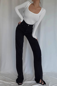 Nature High Waist Buckle Detail Straight Leg Jeans