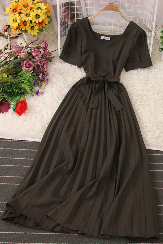 Fashion Women Short Sleeve Strappy Pleated Maxi Dress