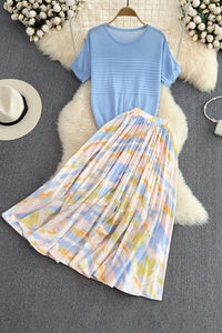 Fashion Women Hollow Knit Tops Pleated Skirt Set Two-Piece