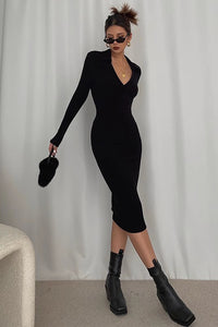 Women's Sexy Long Sleeve Ruched Wrap V Neck Bodycon Dress