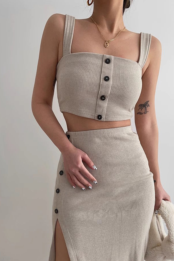 Ribbed Buttoned Front Crop Tank Top and Split Hem Skirt Two Piece Set