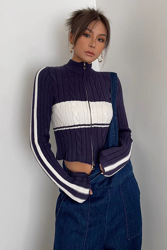 Women's Zip Detail Contrast Cable Knit Cardigan Sweater Outwear