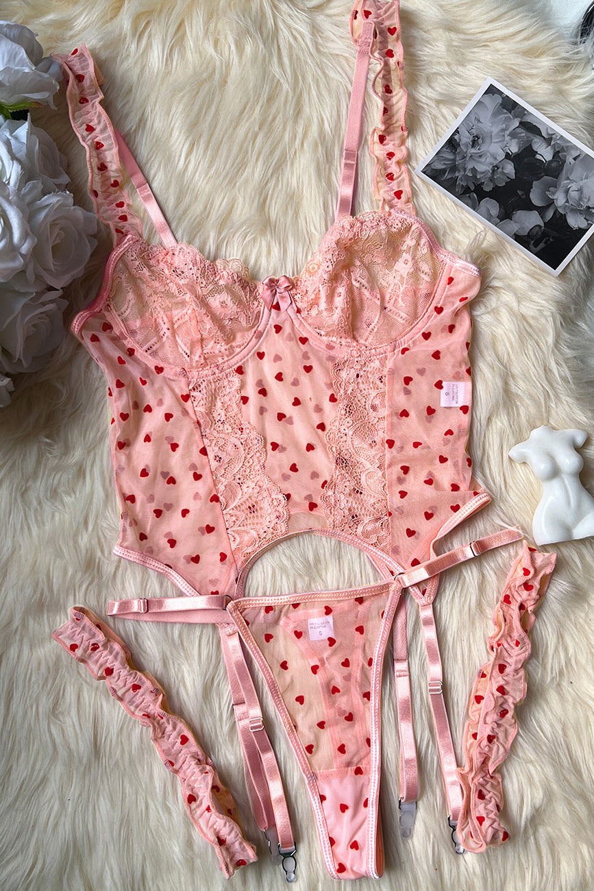 Sexy Women Heart Pattern Lace Strap Underwear Lingerie Set