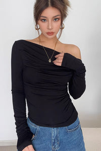 Off Shoulder Pleated Long Sleeve Tops