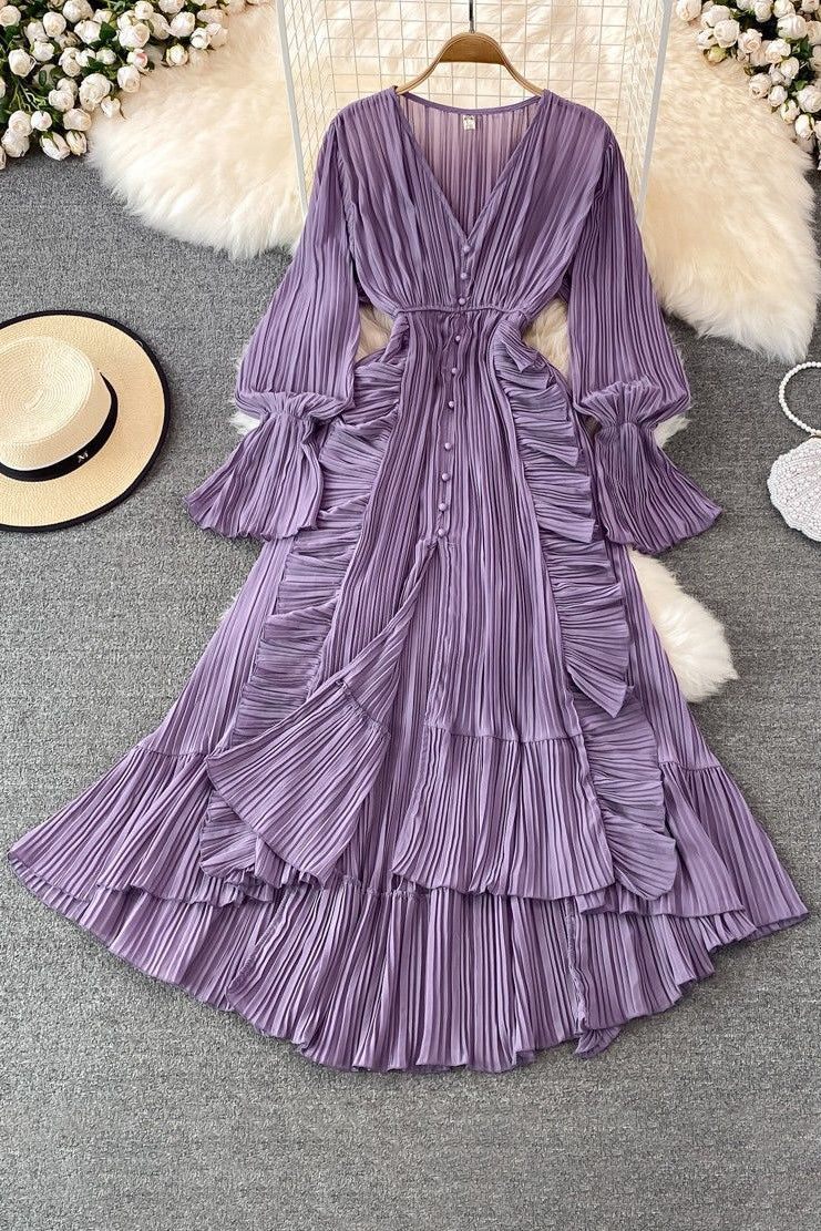 Fashion Women Lace Pleated Long Sleeve High Waist Maxi Dress