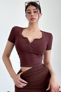 Sexy Women Scoop Neck Buttons Tight Short Sleeve Tops