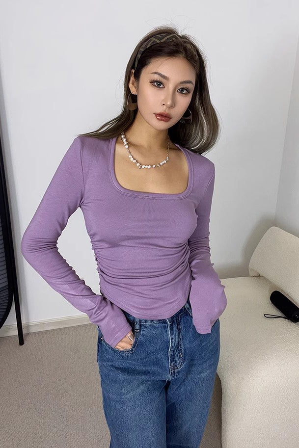 Scoop Neck Long Sleeve Ribbed Fitted Basic Tops Shirt