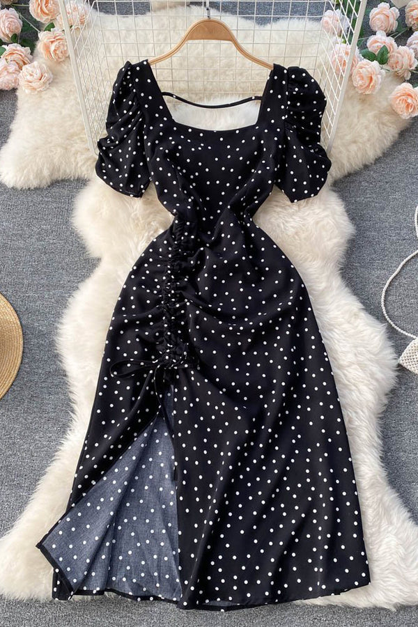 Women Fashion Ruffle Polka Dots Short Sleeve Dress