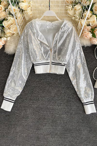 Fashion Women Sequin Zip Hooded Crop Cardigan Jacket Coat