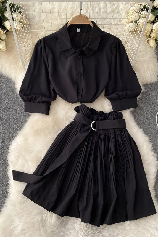 Fashion Women Short Sleeve Shirt Tops Pleated Skirt Set Two-Piece