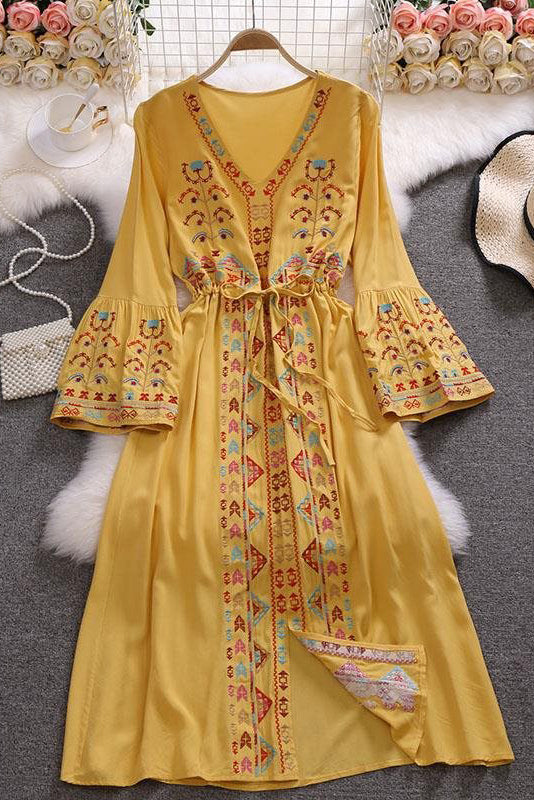 Boho Women Embroidery Long Sleeve V-Neck Strappy Maxi Dress