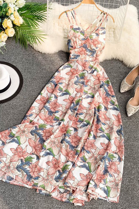 Sexy Women Backless Sleeveless Strap Floral Maxi Dress