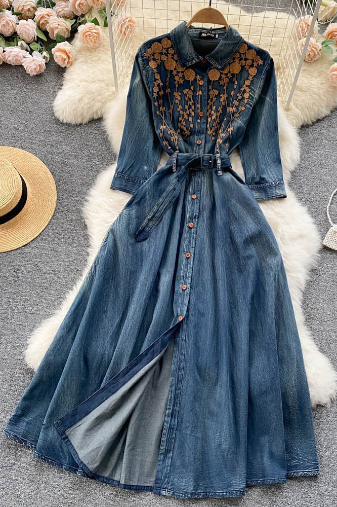 Retro Women Embroidery Long Sleeve Denim Maxi Dress