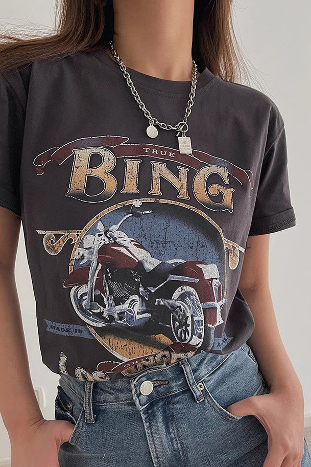 Motorcycle Print Short Sleeve Crew Neck Tops Shirt
