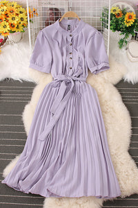 Fashion Women Lapel Buttons Short Sleeve Pleated Maxi Dress