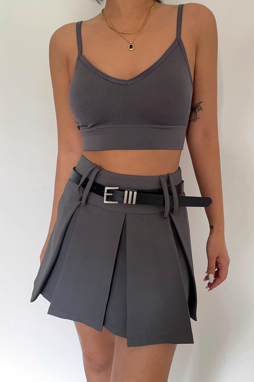 Solid A-Line Flared Hem Belted Skirt