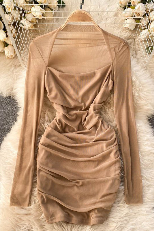 Sexy Women Gauze Long Sleeve Ruffle Mini Dress