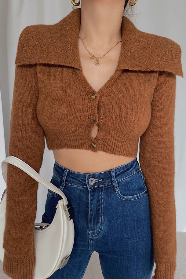 Women's Lapel Neck Buttoned Front Crop Sweater