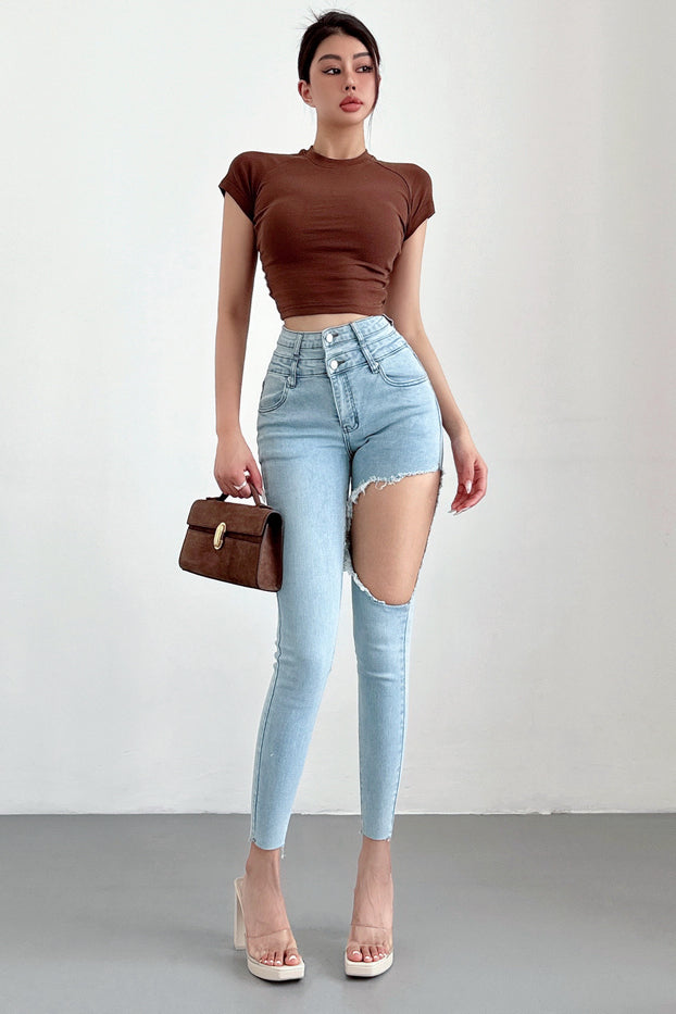 Fashion Women Tight Ripped Pants Trousers Jeans