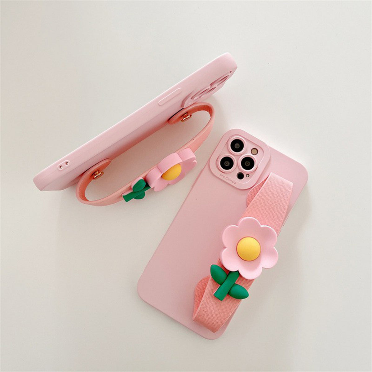 Cartoon Cute 3D Flower Holder Wristband Soft Case for iPhone 11 12 13 14 15 Shockproof Cover