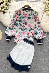 Fashion Women Print Long Sleeve Bow Shirt Irregular Skirt Set Two-Piece