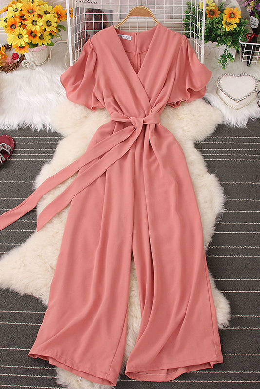 Fashion Women V-Neck Short Sleeve Strappy Romper Jumpsuit