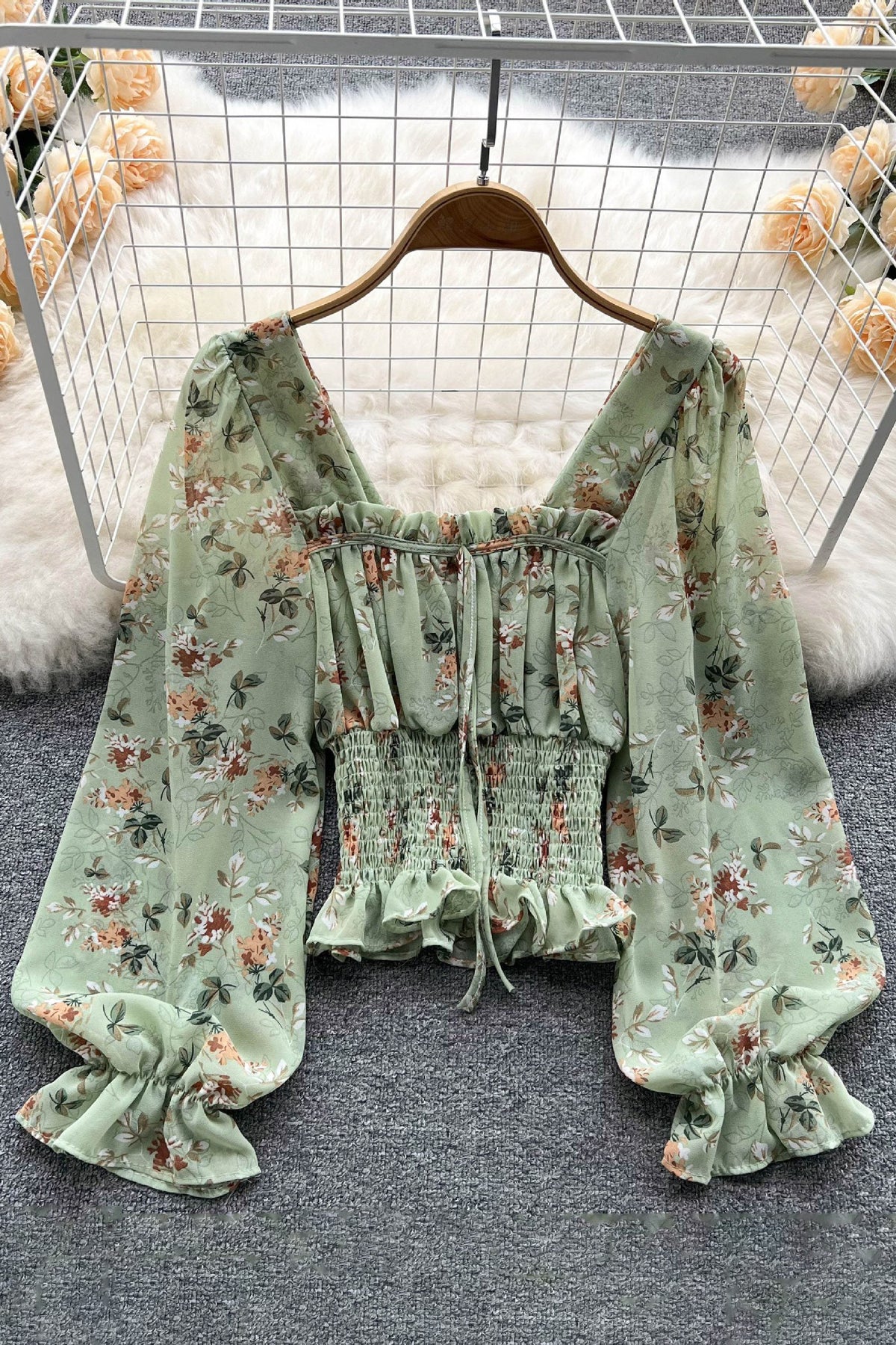 Sexy Women Floral Ruffle Long Sleeve Crop Top