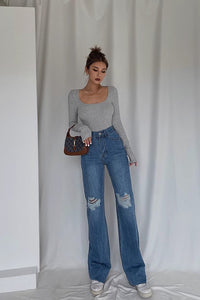 Ripped Slant Pocket Straight Leg Jeans