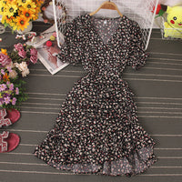 Fashion Women V-Neck Short Sleeve Lace Ruffle Maxi Dress