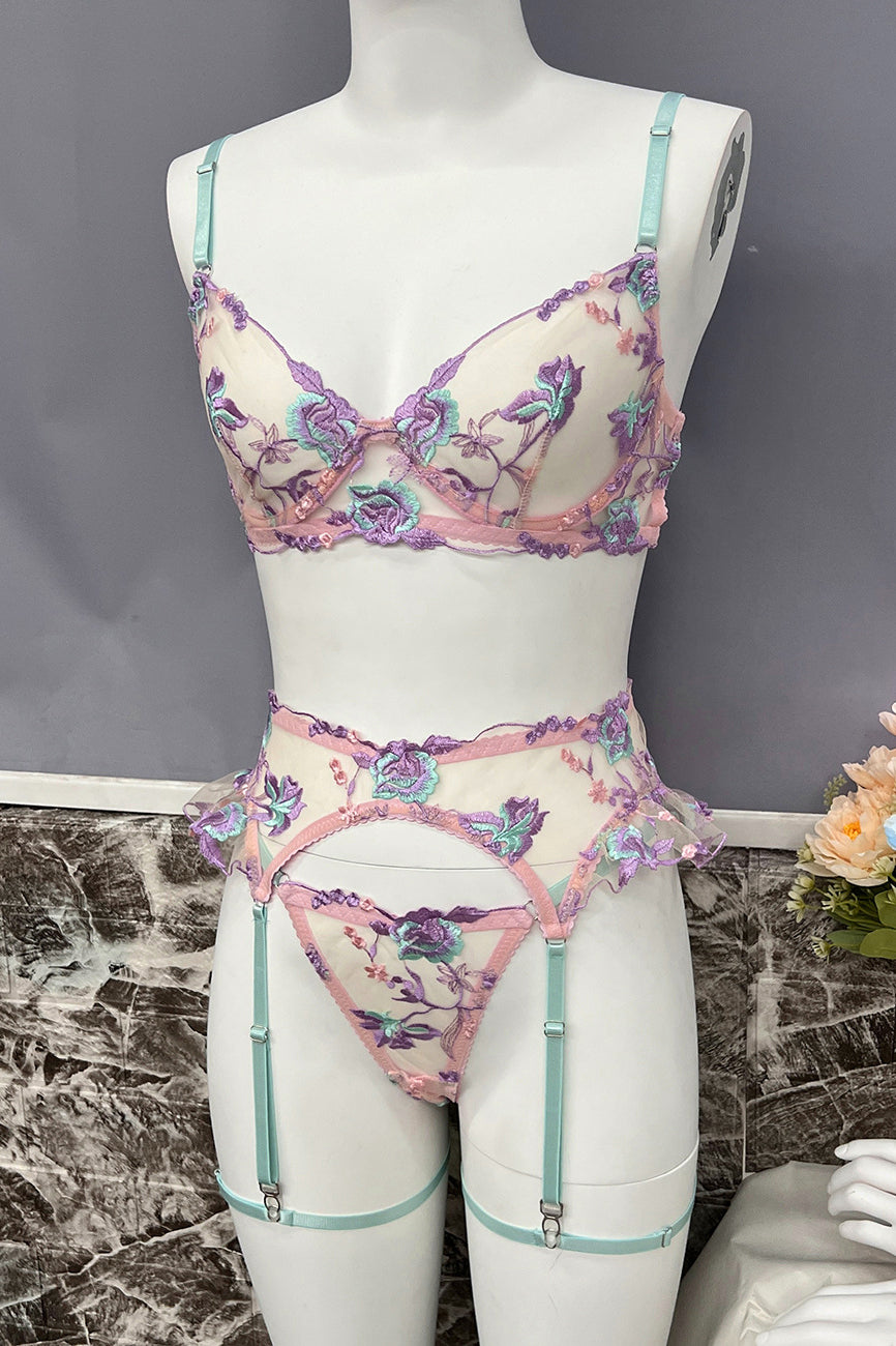 Women Sexy Lace Hollow Embroidery Underwear Lingerie Set