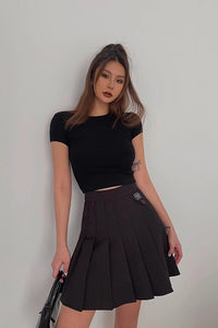 Solid A-Line Low Rise Pleated Flared Hem Skirt