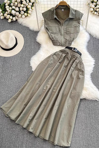 Fashion Women Sleeveless Zip Vest Tank Top A-Line Skirt Set Two-Piece