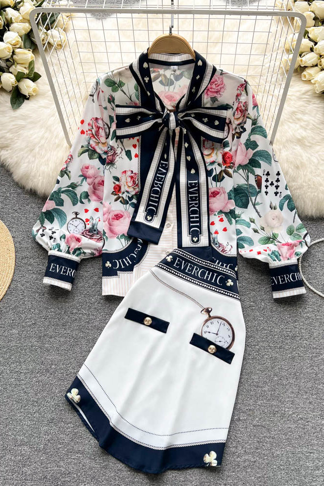 Fashion Women Print Long Sleeve Bow Shirt Irregular Skirt Set Two-Piece