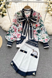 Fashion Women Print Long Sleeve Bow Shirt Irregular Skirt Set Two-Piece